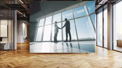 Two young businessmen are shaking hands with each other standing against panoramic windows. Wall mural